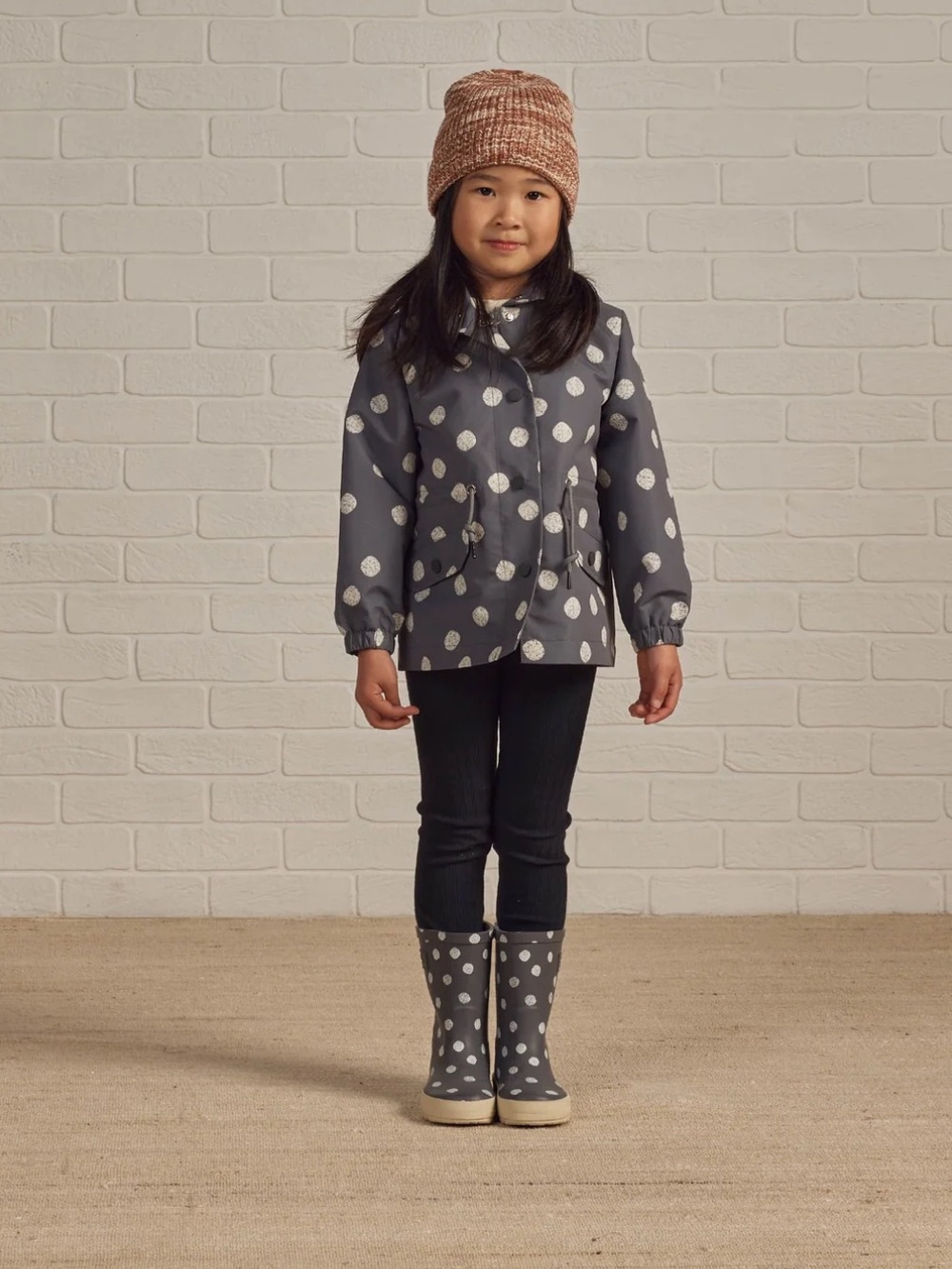 2-3Y Rylee + Cru Grey Hooded Raincoat with White Polka Dots